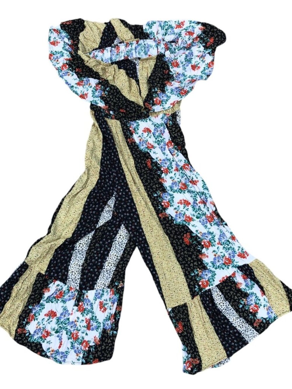 BLUE BUTTERCUP Floral Jumpsuit Women's LG Ruffle Sleeve USA Rayon Wide Leg